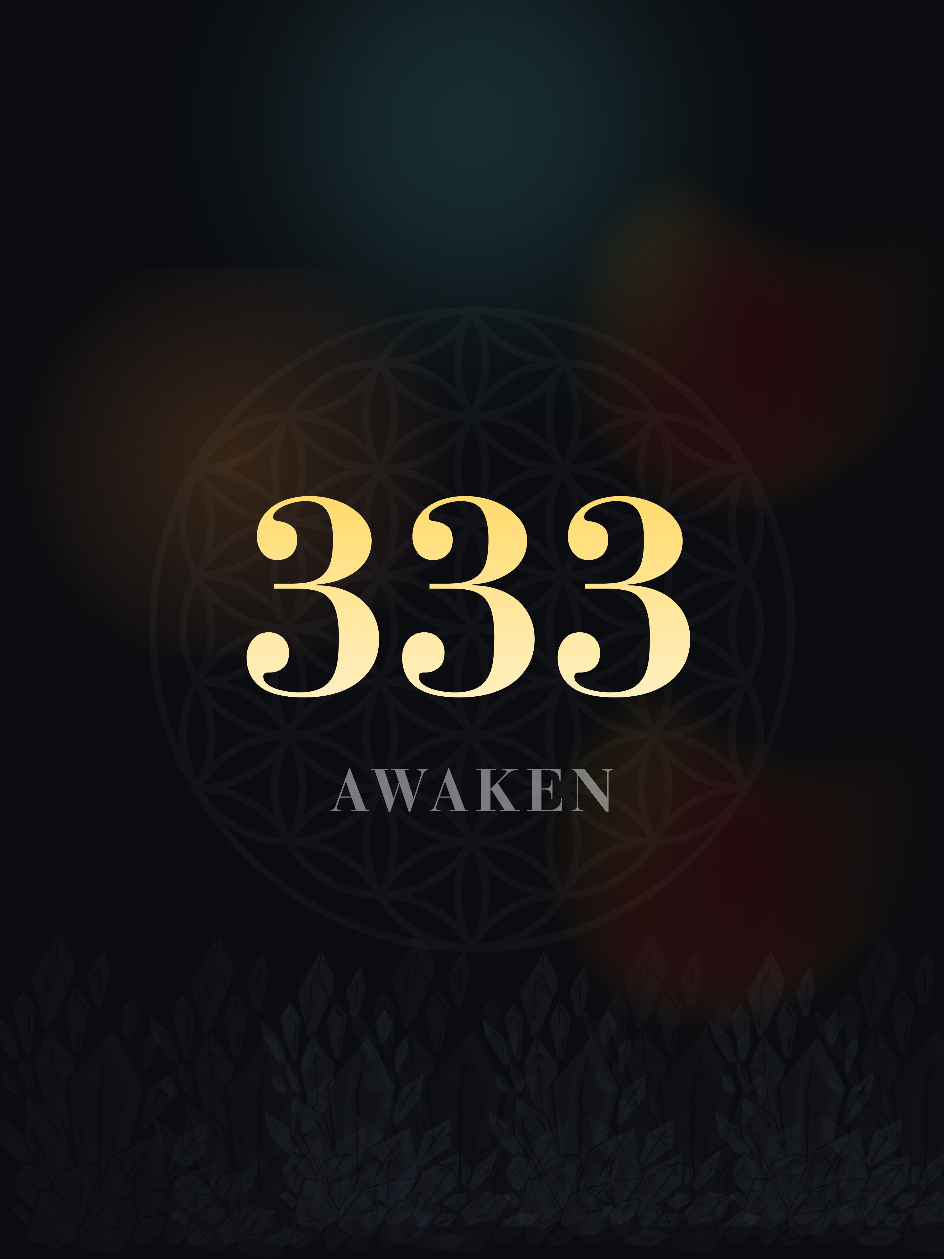 333 Angel Number Poster — Awaken — sacred geometry and crystal landscape on dark background with gold text